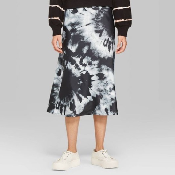 wild fable Dresses & Skirts - Black White Satin Tie Dye Midi Skirt